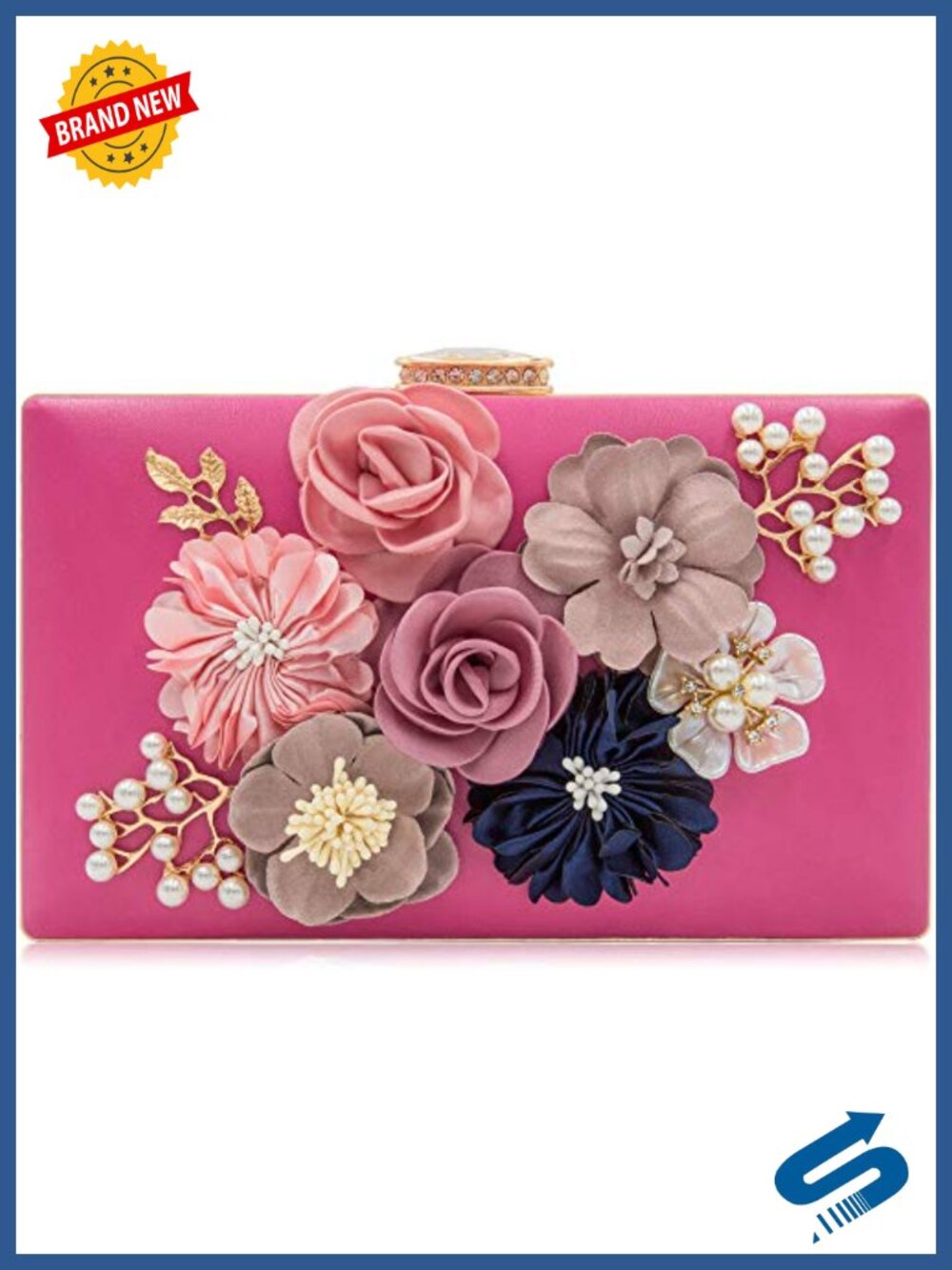 Floral Evening Clutch with Faux Leather and Chain Strap for Wedding